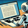 Robot editing a document on a laptop