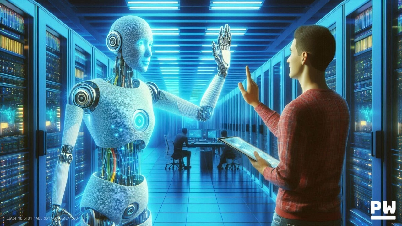 Young person chatting and giving high five to robot