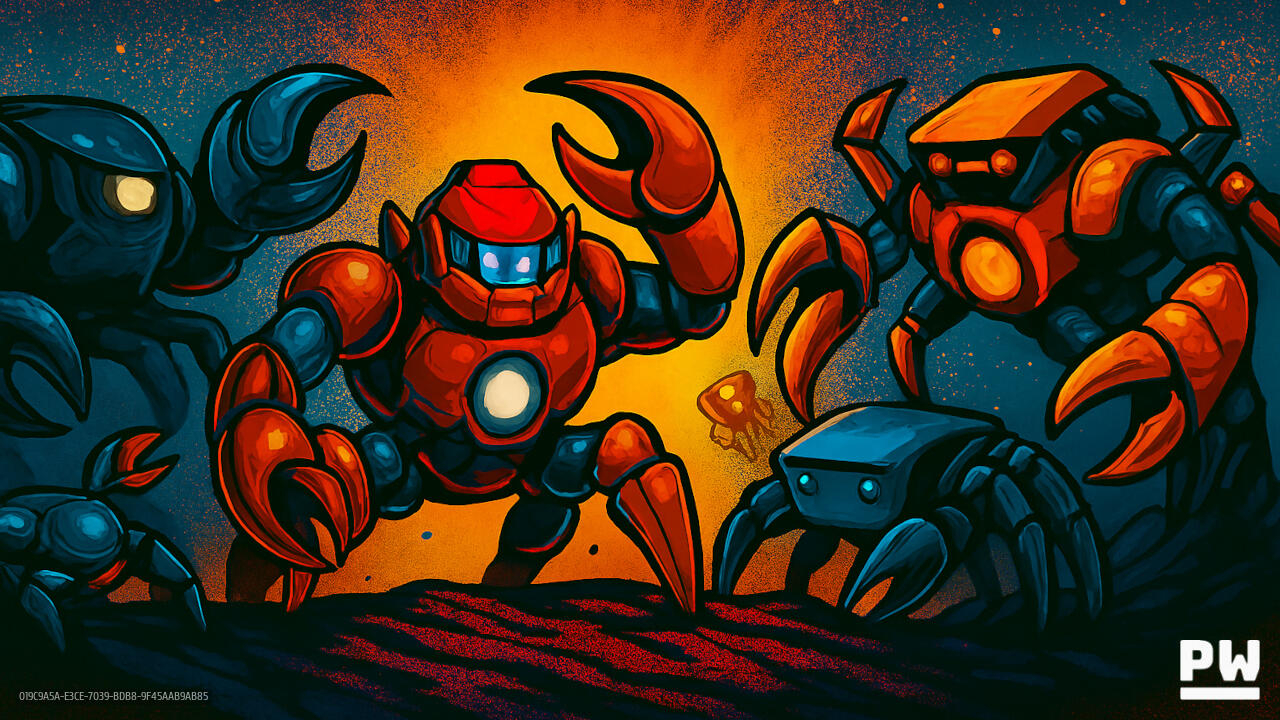 Graphic novel style image depicting a battle of AI agents personified as robotic crabs