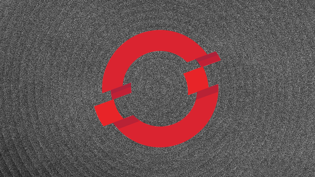 OpenShift logo floating over a swirl of black and white static