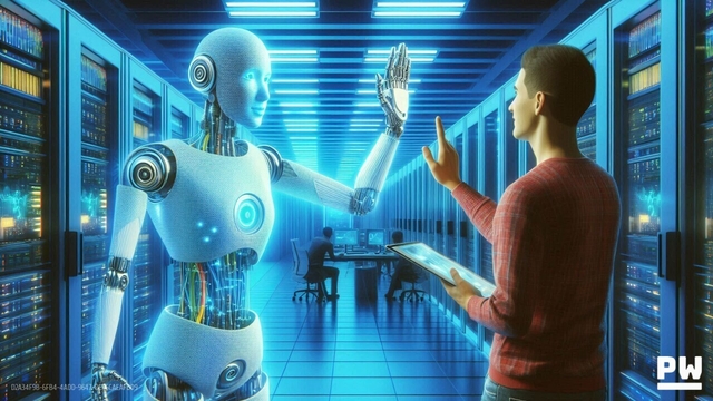 Young person chatting and giving high five to robot