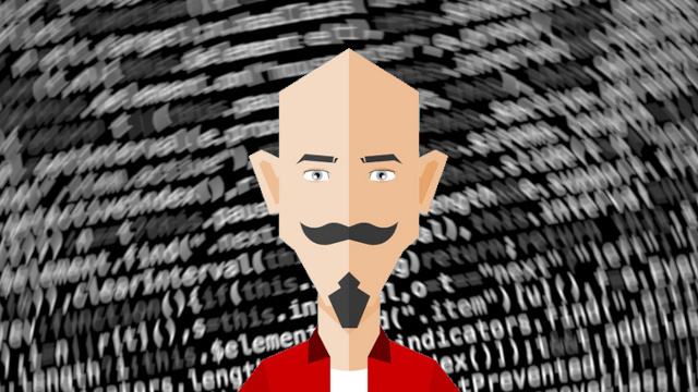 My digital twin in front of a wallpaper of rotating code