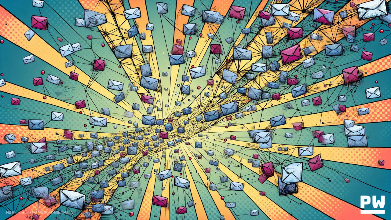 Comic book style image of a flurry of email messages flying in different directions