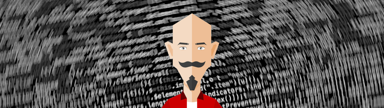 My digital twin in front of a wallpaper of rotating code