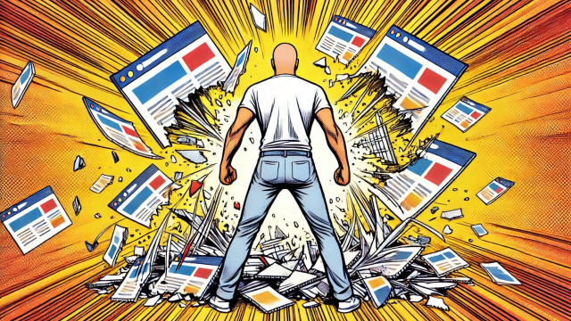 Comic book image of person destroying a group of web pages