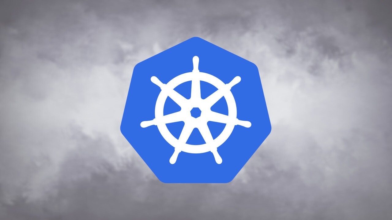 Kubernetes logo over blurry smoky background