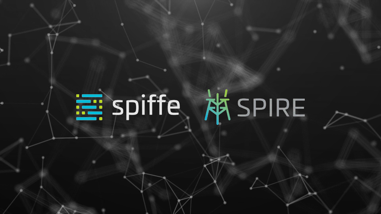 Spiffe and Spire logos over blurred dark abstract network diagram