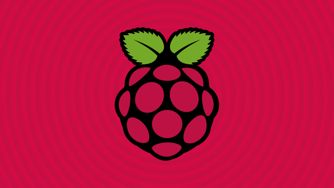 Raspberry Pi logo floating over raspberry colored spiral background