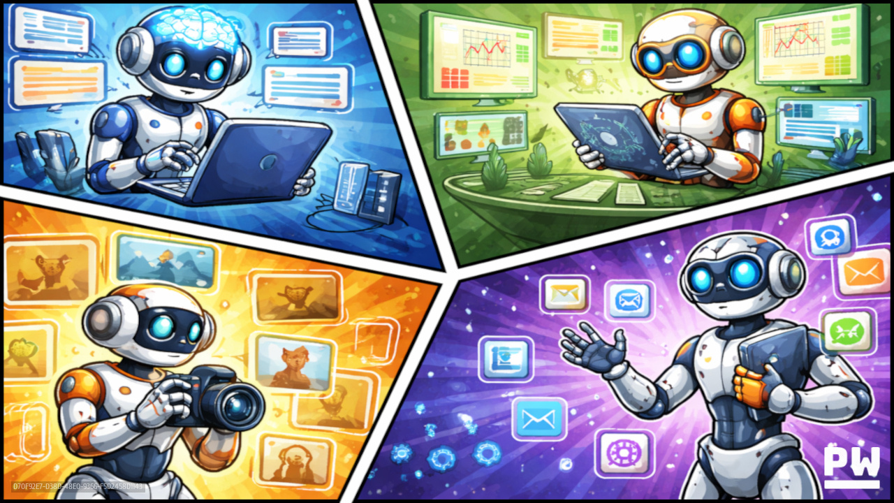 Comic book style image of four AI model types personified as robots performing various tasks