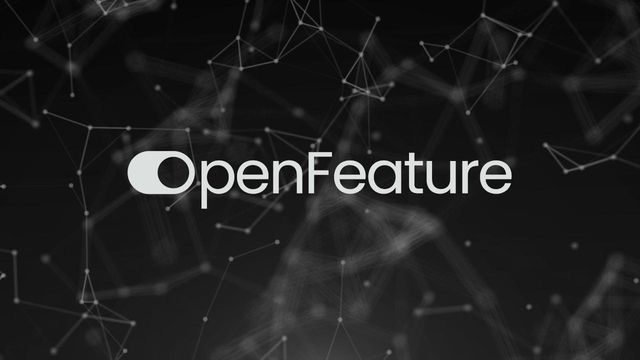 OpenFeature log over black and white abstract network hologram