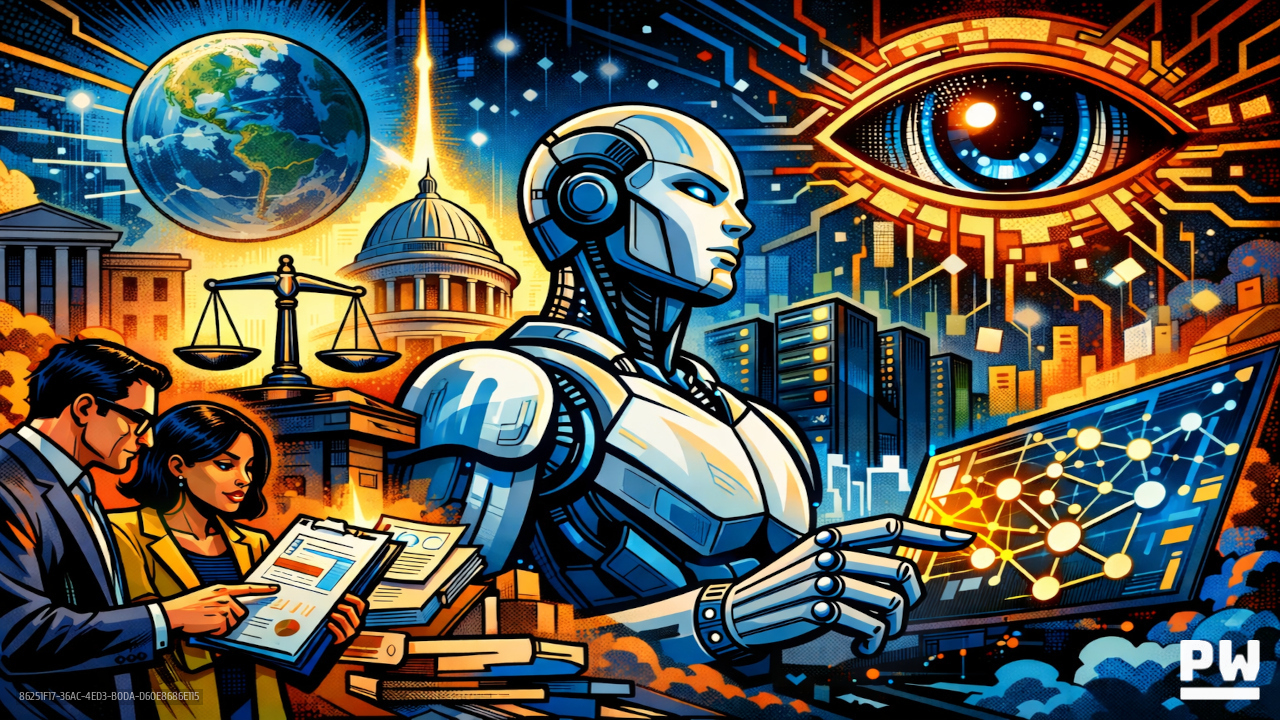 Comic book style image respresenting several aspects of AI governance