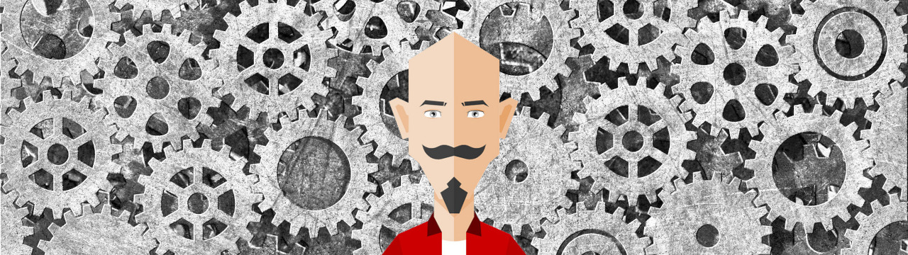 My digital twin in front of a black and white mesh of gears