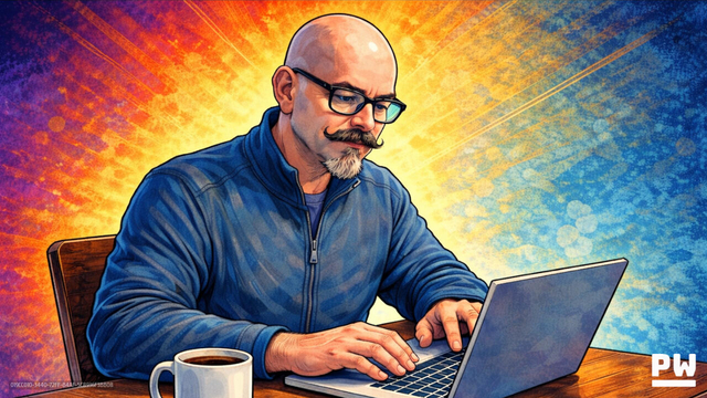 Graphic novel style image of Peter working at a laptop with a colorful background