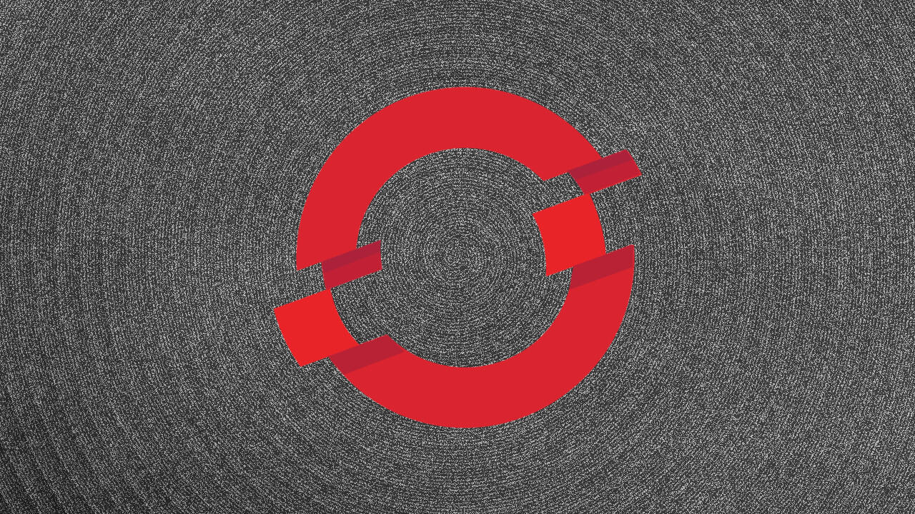 OpenShift logo floating over a swirl of black and white static