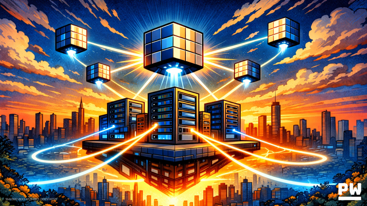 Comic books style image of distributed SQL nodes launching as giant data cubes