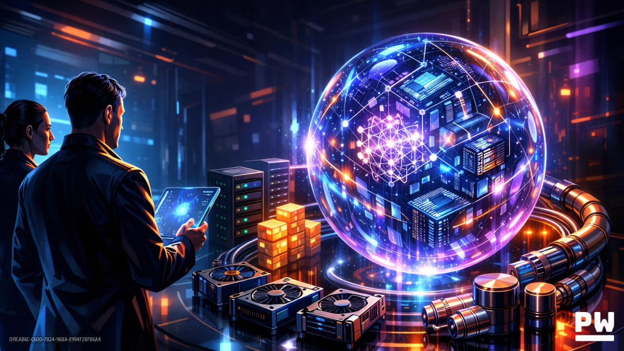 Graphic novel style image of two people in a futuristic control room inspecting an AI core