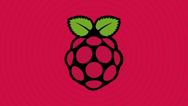 Raspberry Pi logo floating over raspberry colored spiral background
