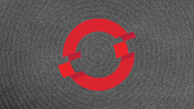 OpenShift logo floating over a swirl of black and white static
