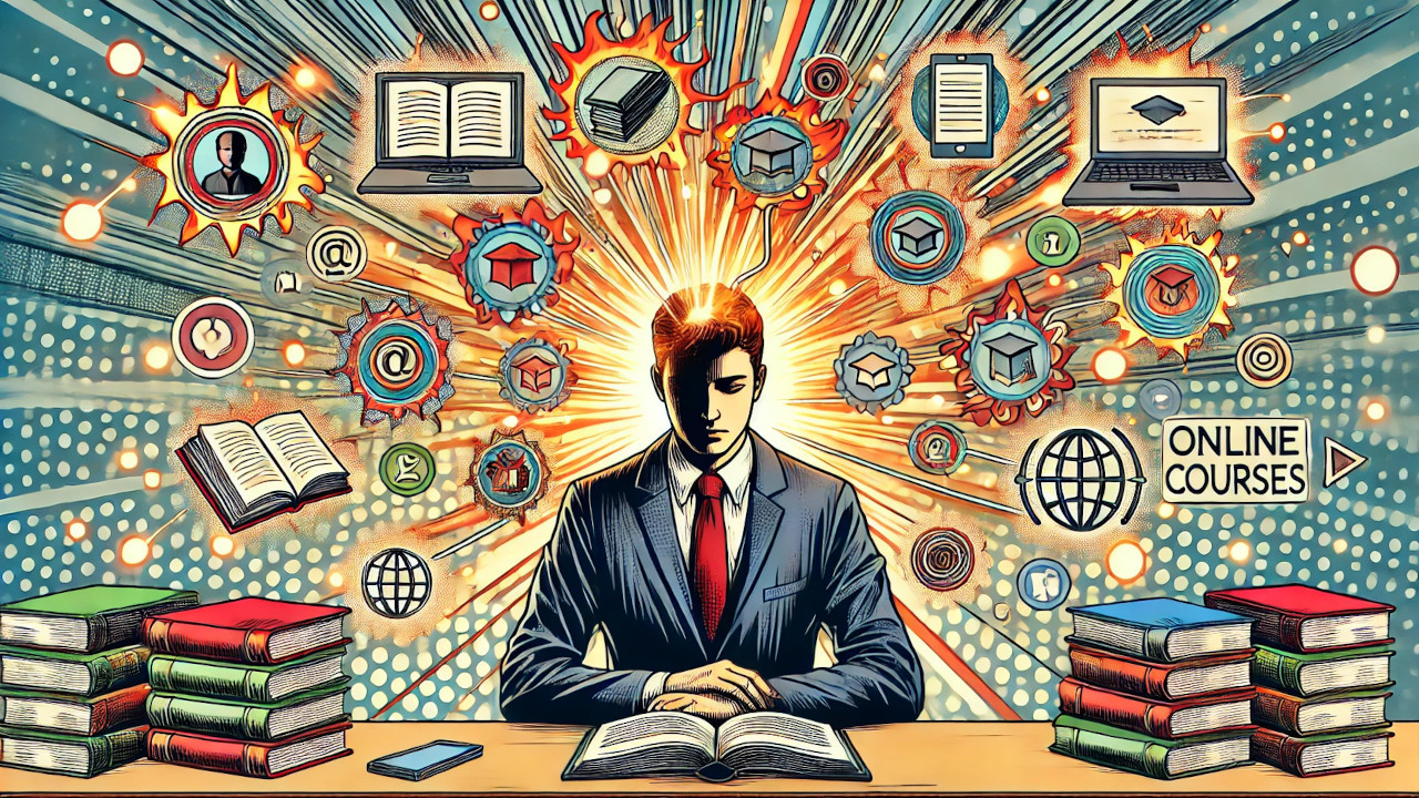 Comic style image of person studying book with sunburst of knowledge sources in the background