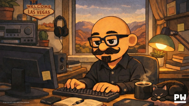 Lofi art style image of Peter working at his desk