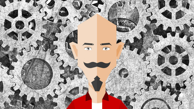 My digital twin in front of a black and white mesh of gears