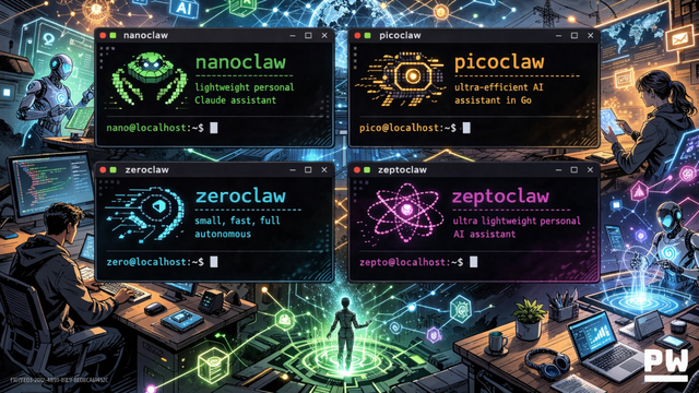 Desktop image with NanoClaw, PicoClaw, ZeroClaw, and ZeptoClaw personal AI agents running in separate terminal windows