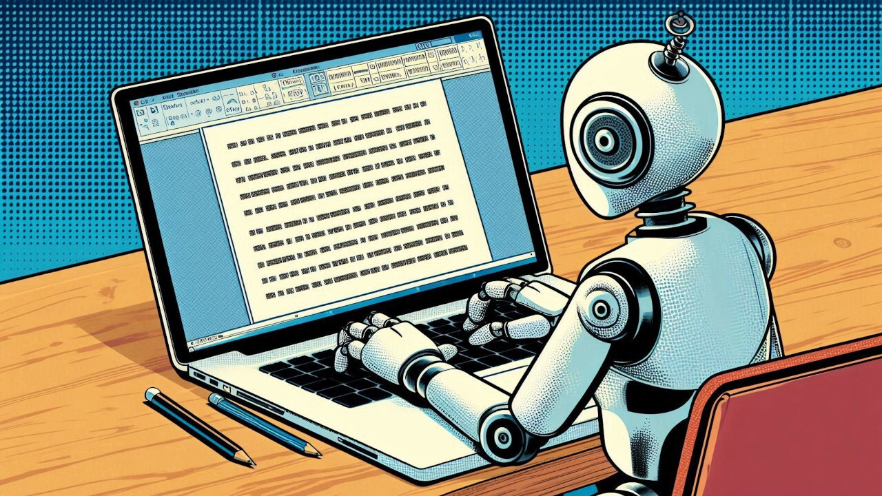 Robot editing a document on a laptop