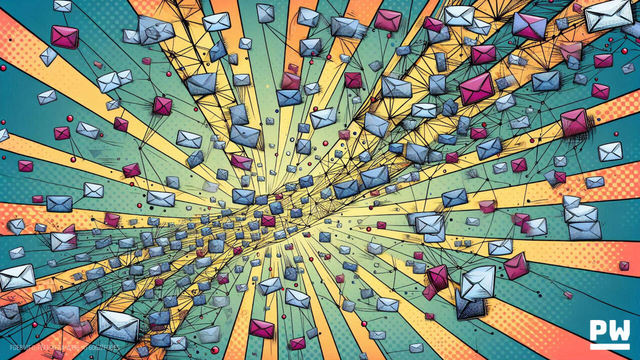 Comic book style image of a flurry of email messages flying in different directions