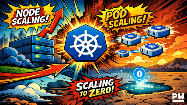 Comic book style image depicting the concepts of node scaling, pod scaling, and scaling to 0