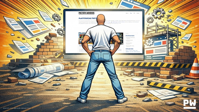 Comic book image of website being rebuilt