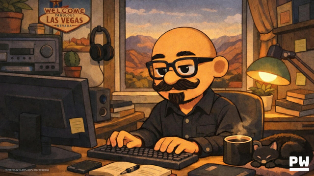 Lofi art style image of Peter working at his desk