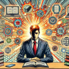 Comic style image of person studying book with sunburst of knowledge sources in the background